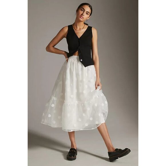17. Anthropologie Eva Franco Tulle Midi Skirt White Organza with polka dots nwt - Picture 1 of 9